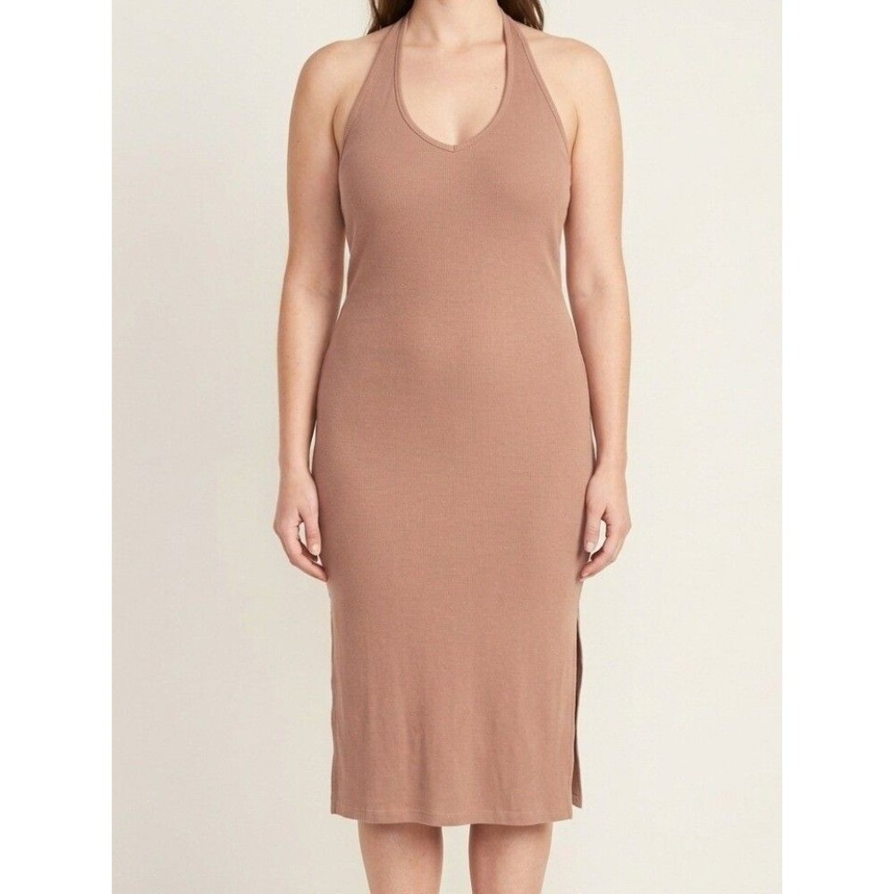 Old Navy Halter Ribbed Midi Dress Light Mocha Brown Size L TALL, Built in Bra